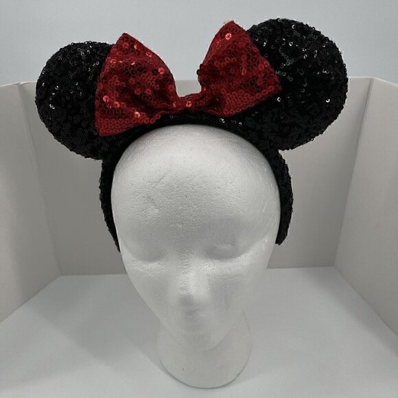 DISNEY Parks Minnie Mouse Ears Hat Headband Black Sequins Red Sequins Bow - Picture 1 of 11